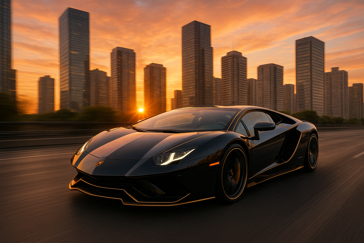 A black lambo styled in gold, racing down a street, with a beautiful sunrise, behind a modern city made up of towers and skyscrapers. 